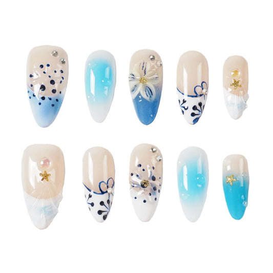 Tesytto Blue Ombre Press on Nails Medium Almond - 3D Ocean Ripple French Tip, Handmade Tropical Shell Polka Dot Flower Summer Vacation Nails (Big Island-B,M)