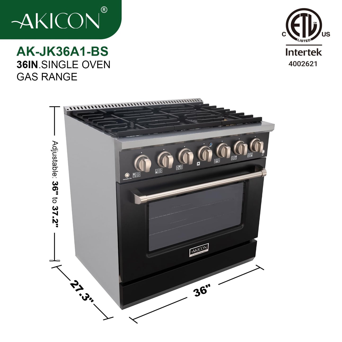 Akicon 36 Inch Freestanding Gas Range - Gas Oven Stove with 6 Sealed Burners, Heavy Duty Cast Iron Grates - 5.2 cu. ft. Capacity Rapid Convection Oven with Porcelain Interior (Black & Stainless Steel)