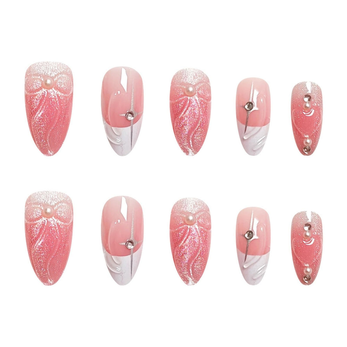 Octoswave Medium Press on Nails Almond Fake Nails French Tip Pearl Artificial Nail 3D Rhinestones Charm Stick on Nail for Women 24pcs