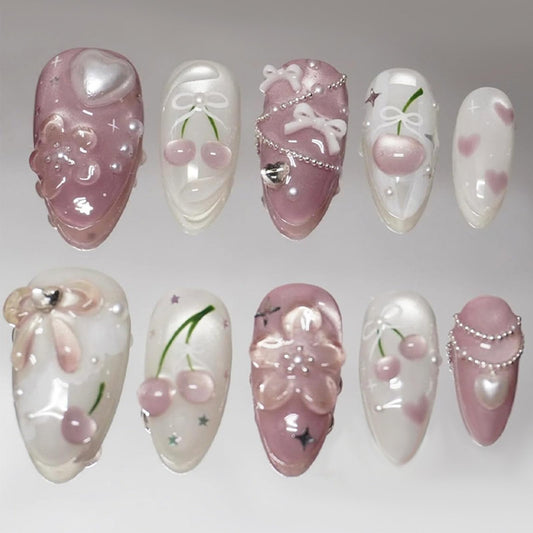 3D Flower Acrylic Fake Nail HZJXRT Press on Nails Glossy Spark Pink Stick on Fingernail 24 Pcs Love Heart Rhinestones Gel Glue on Nail Cherry Medium Almond False Nails for Coquette Women Gift