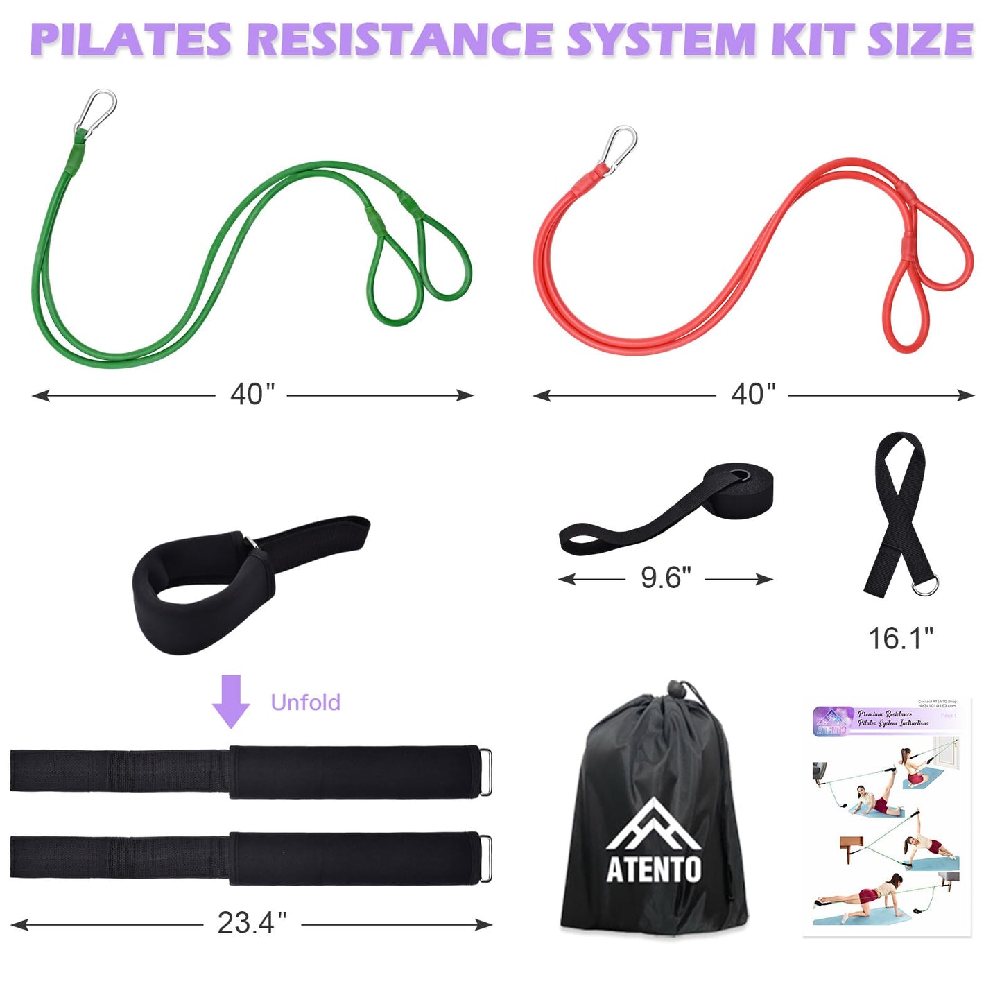 ATENTO Resistance Pilates System Reformer Style Pilates Lightweight Portable Pilates for Home Gym, 2 Pcs Resistance Bands,1 Door Anchor,1 Exercise Straps,1 Handle Straps