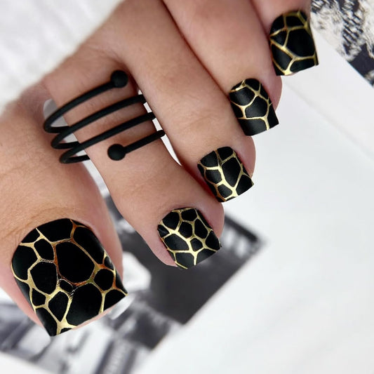 Black Press on Toenails Short Square Fake Toe Nails Gold Line Marble False Toenails with Matte Acrylic Toe Nails Full Cover Glue on Nail for Women Manicure 24Pcs