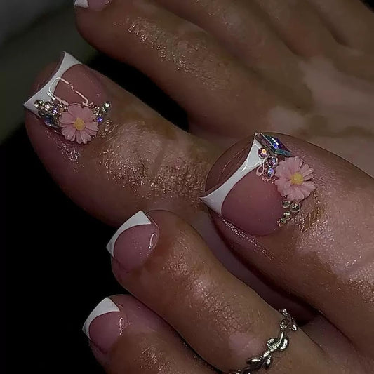 CTTHNBD Press on Toenails - White French Tip Fake Nails - Flower, Short Square, Summer Press on Toe Nails - for Women 24 Pcs