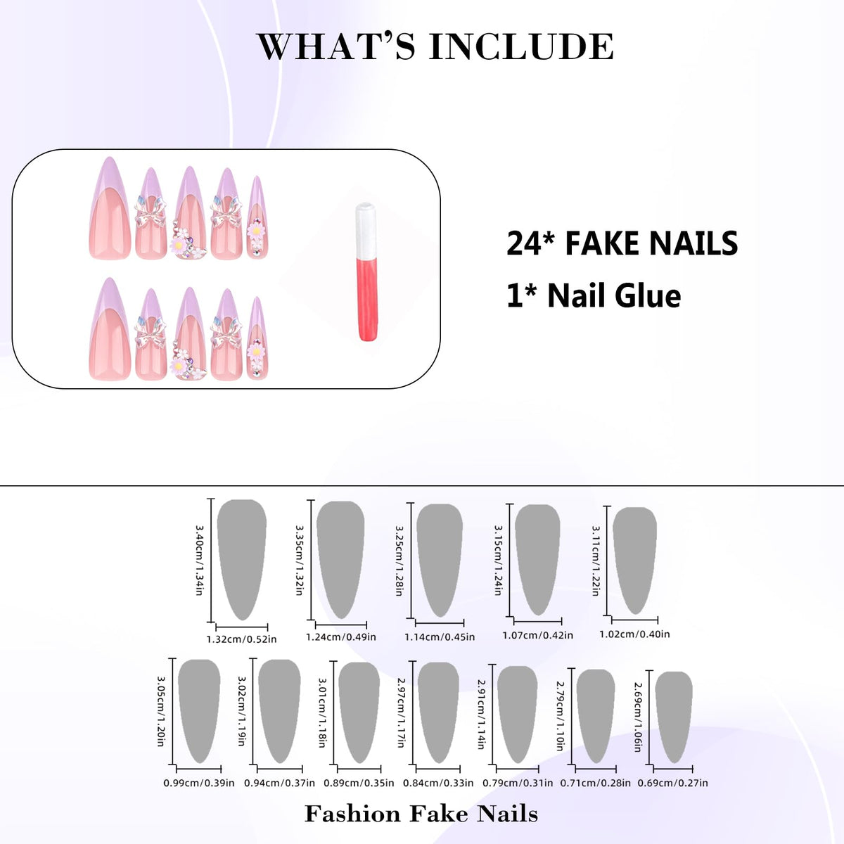 IMRAIN Long Press on Nails Stiletto Purple French Fake Nails Tips Full Cover Spring Glossy Artificial Nails Press ons Bow & Flower Stick on False Nails for Women 24Pcs