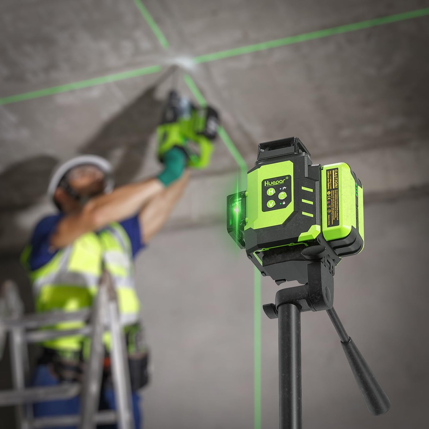 Huepar Laser Level 3x360 Self Leveling with 2 Rechargeable Batteries, 3D 12 Lines High Brightness Green Laser Level for Construction or Home Renovation, LS03CG