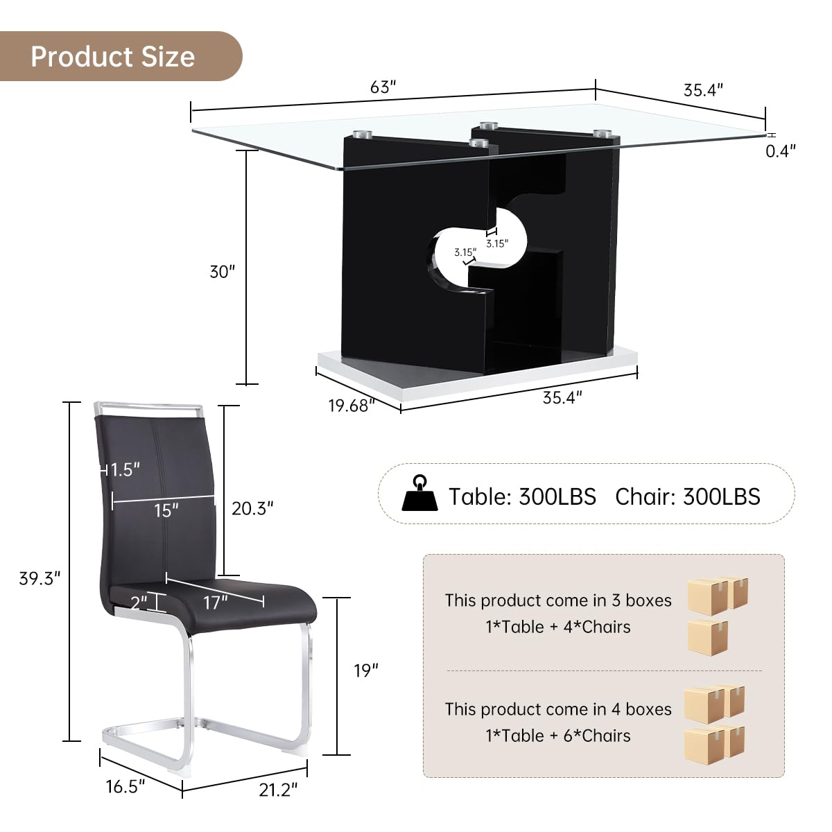 JEARGE Glass Dining Table Set for 4,Dining Room Table Set for 4 with PU Leather Chairs,Retangular Dining Tabletop with MDF Legs and Sliver Base for Dining Room (Black Chair, 1 Table + 4 Chairs)