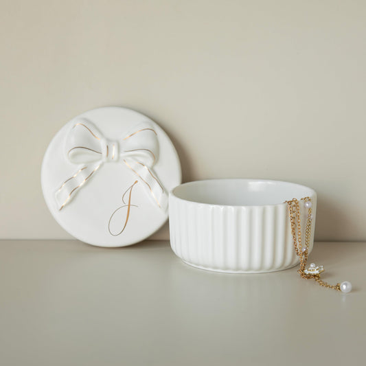 COLLECTIVE HOME - Monogram Jewelry Box with Bow, Christmas Gift Ideas for Women, Small Gift for Girlfriend Wife, Ring Holder, Earrings Dish, Birthday Gift for Her (J)
