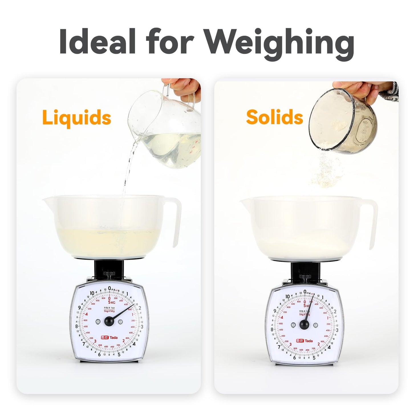 Tada 11lb Analog Food Scale Mechanical Dial Kitchen Scale, Removable Measuring Cup, Tare Function, Kitchen Friendly