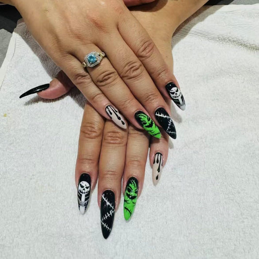 Handmade Press on Nails Halloween Press On Nails Almond Fake Nails With Green Nails Press Full Cover False Nails Halloween Glue On Nail Stick On Nail For Women (MT-159-M)