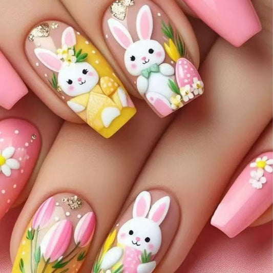 Easter Day Press on Nails - Medium Square Fake Nails with Bunny Flower Design - Pink False Nails Press ons - for Women 24 Pcs