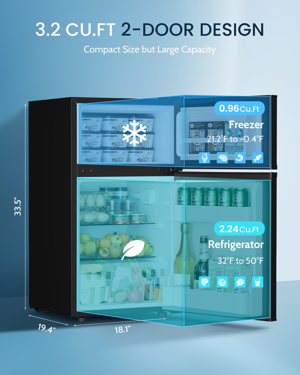 Feelfunn 3.2 Cu.Ft Mini Fridge with Freezer - 2 Door Small Refrigerator, Mini Refrigerator with Adjustable Thermostat, Removable Shelves, Mini Fridge for Bedroom, Office, Dorm, Apartment, Black