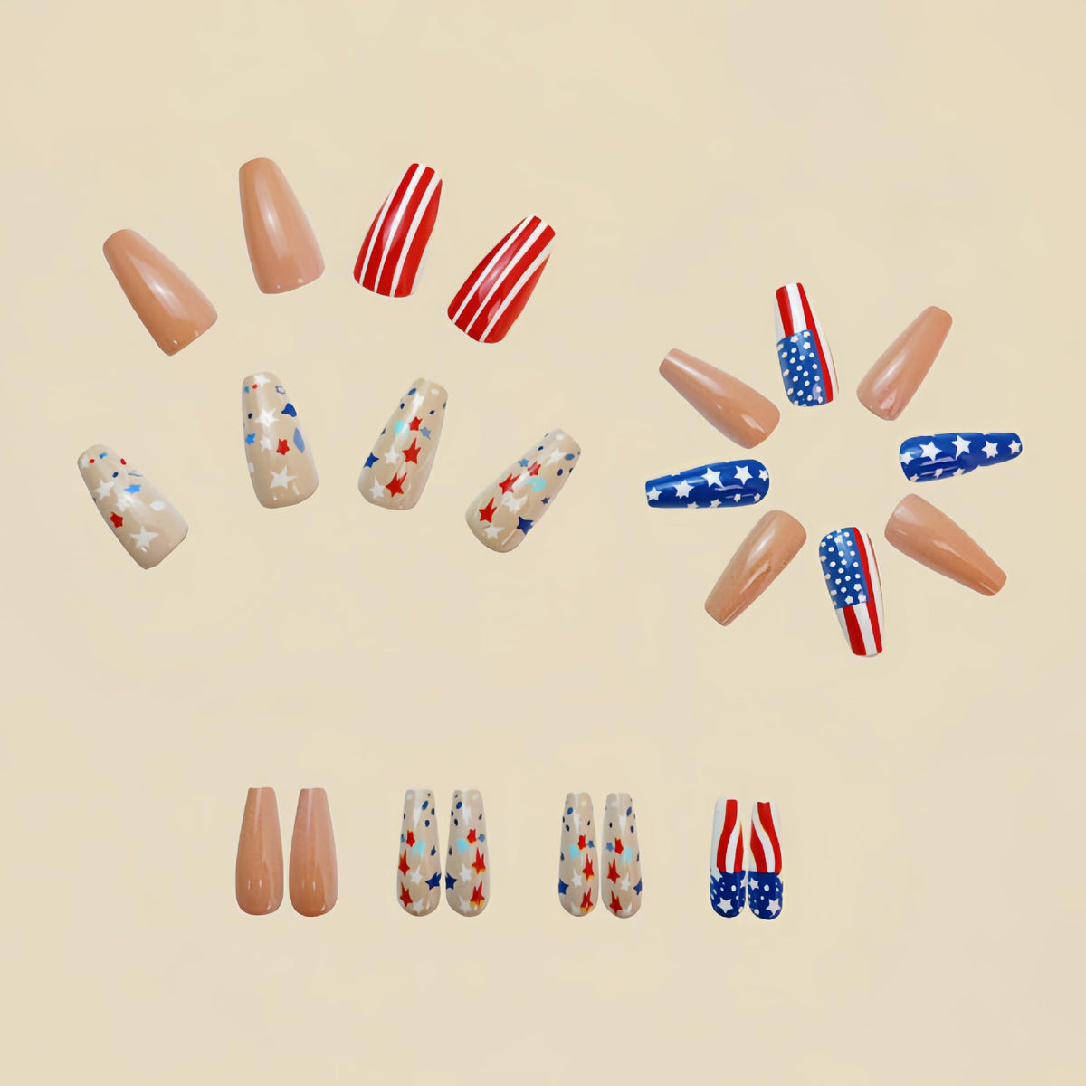 24Pcs Independence Day Glitter Stars Press on Nails Medium Square 4th of July Nude Fake Nails American Flag Design False Nails Full Cover Memorial Day Nails for Women Manicure Decoration