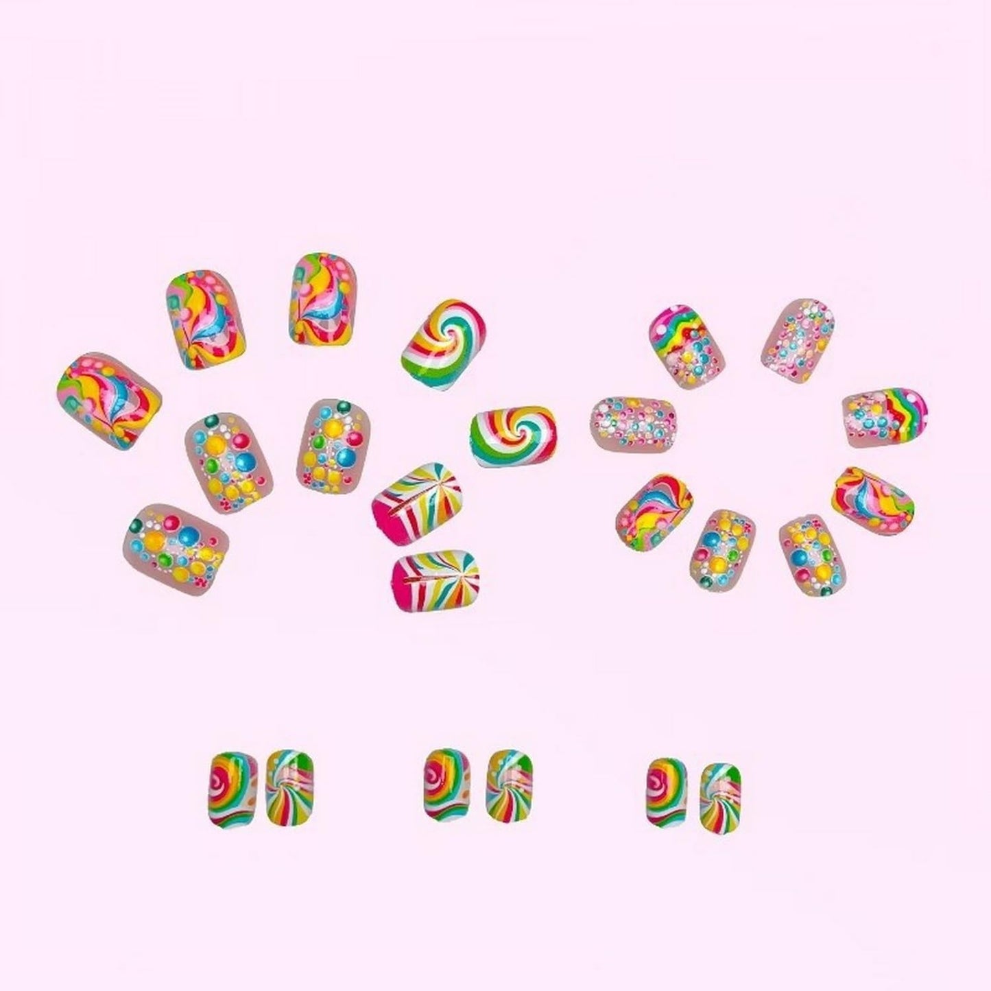 24pcs Summer Press on Nail Cute Fake Nails Short Square Full Cover Stick on Nail with Rainbow designs Colorful Press ones Reusable Glue on Nails for Women Vacation Manicure