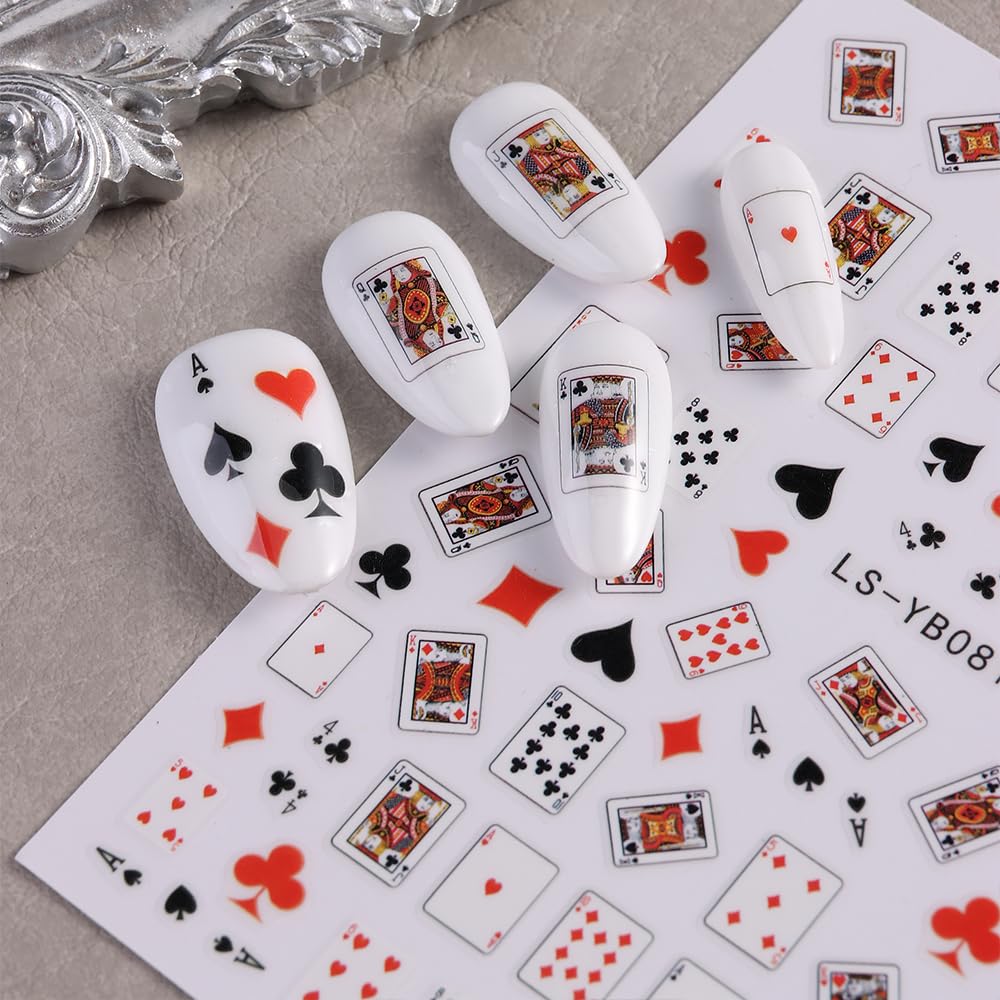 SIMAYKUWA 3D Self-Adhesive Nail Stickers - Poker Theme with Hearts & Diamonds, Trendy Fashion Nail Art Designs for Women A Set of 2 Sheets
