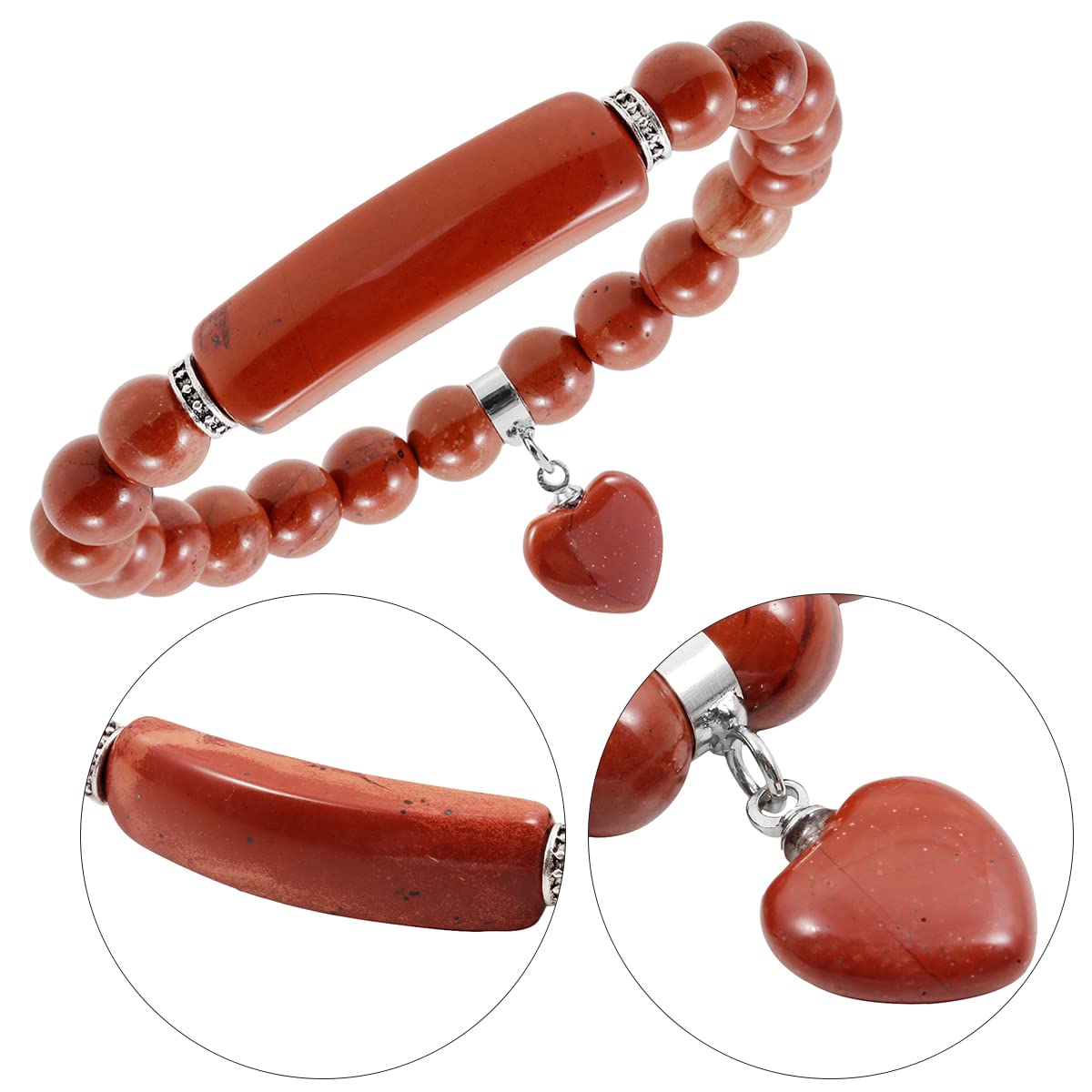 TUMBEELLUWA Healing Stone Bracelet 8mm Beads Chakra Crystal Energy Heart Charm Bracelet Handmade Jewelry for Women, Red Jasper