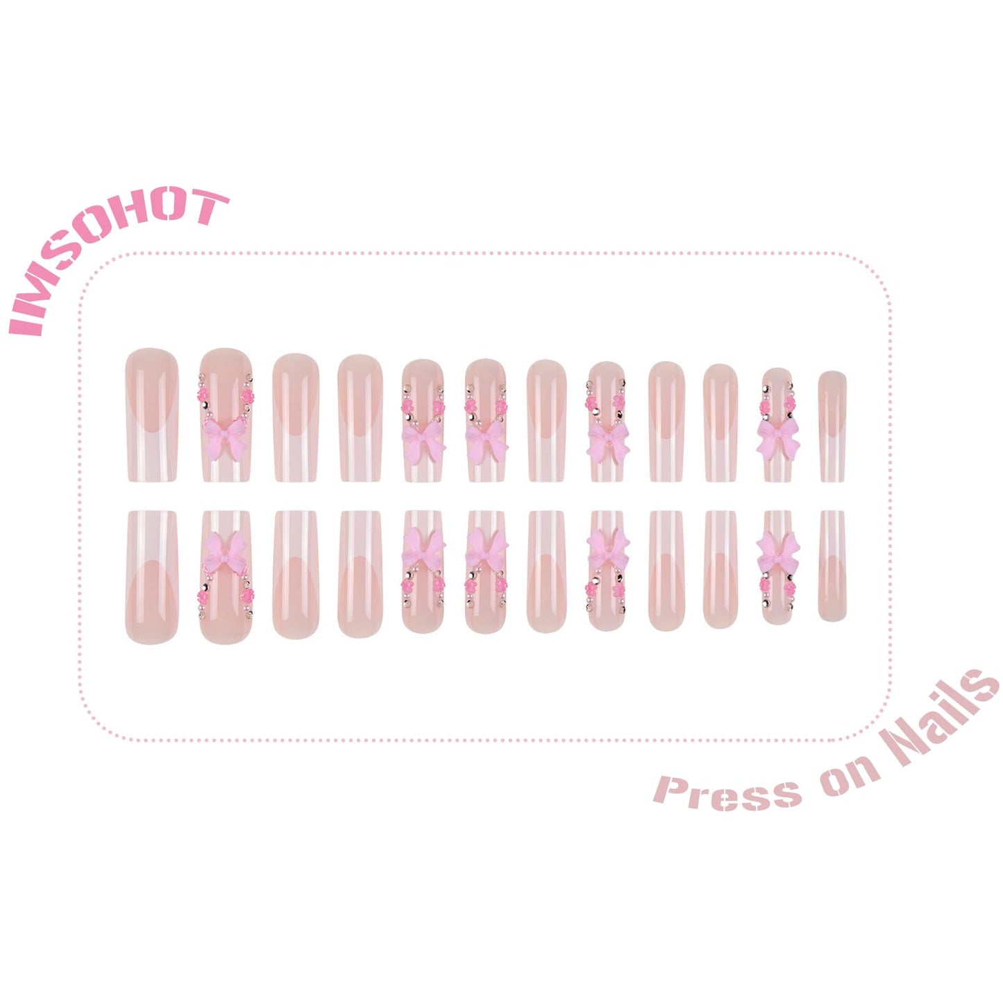 IMSOHOT Press on Nails Long Square Fake Nails White French Tips Acrylic False Nails with Pink Flower & Bow Designs Glossy Glue on Nails for Women Girls DIY Manicure Decorations 24Pcs