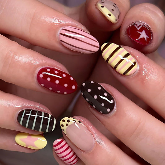 Summer Press on Nails Colorful Fake Nails Short Almond Nails Press ons with Star Lines Polka Dot Design Cute Nails Full Cover Acrylic Glue on Nails for Women Girls Manicure 24Pcs