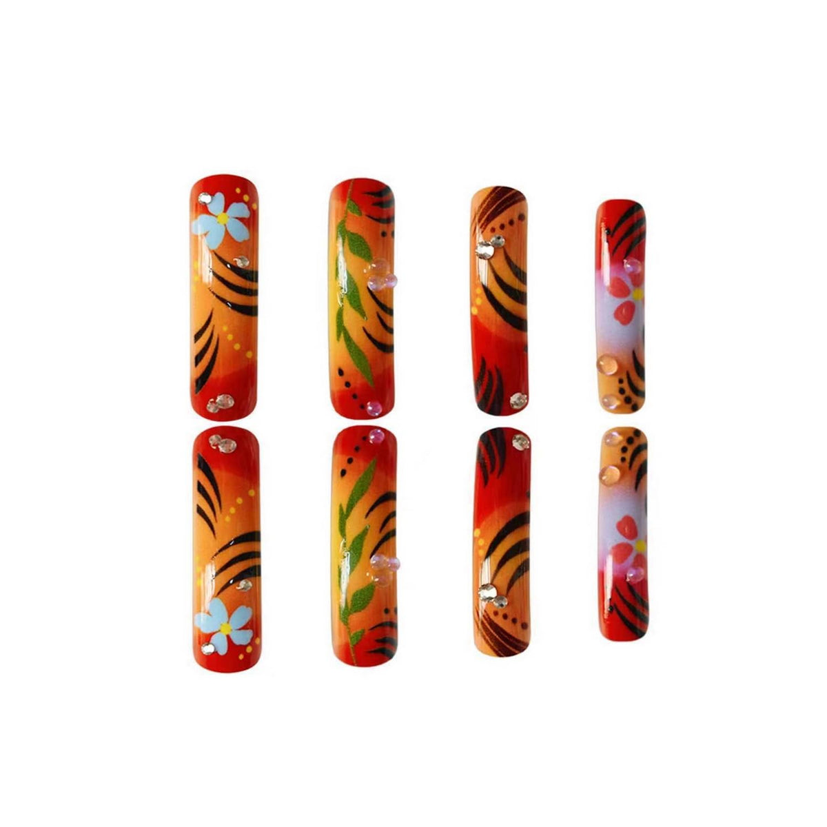 Curved Press on Nails Extra Long Square Fake Nails Full Cover Orange with Flower designs Rhinestones Press ones Glossy Curve Fake Nails Reusable Acrylic Glue on Nails for Women Girls Manicure24pcs