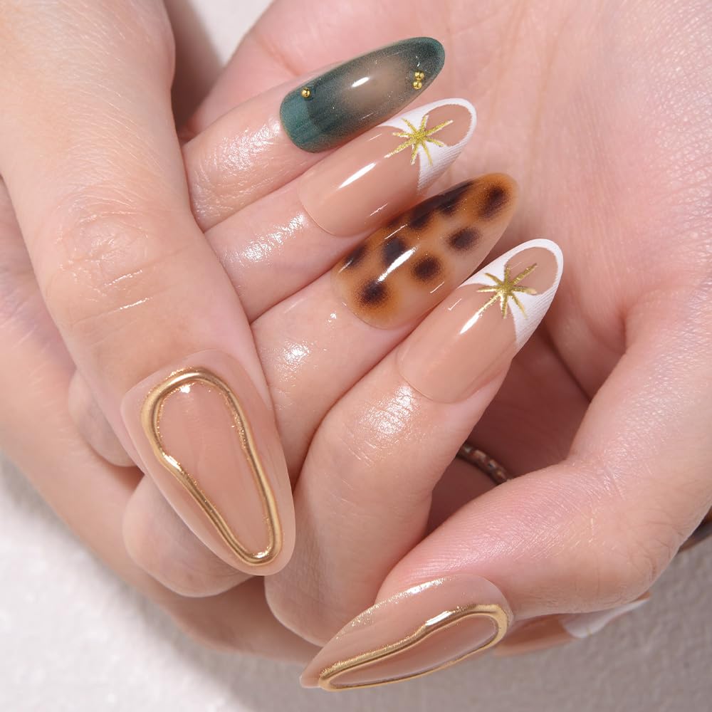 evpct Nude Pink Press on Nails Short Almond with Green Nails, Sexy Brown French Tip Stick on Nail for Women, Reusable Full Cover Soft Press on Fake Nail with 3D Gold Line Design Perfectly Fit