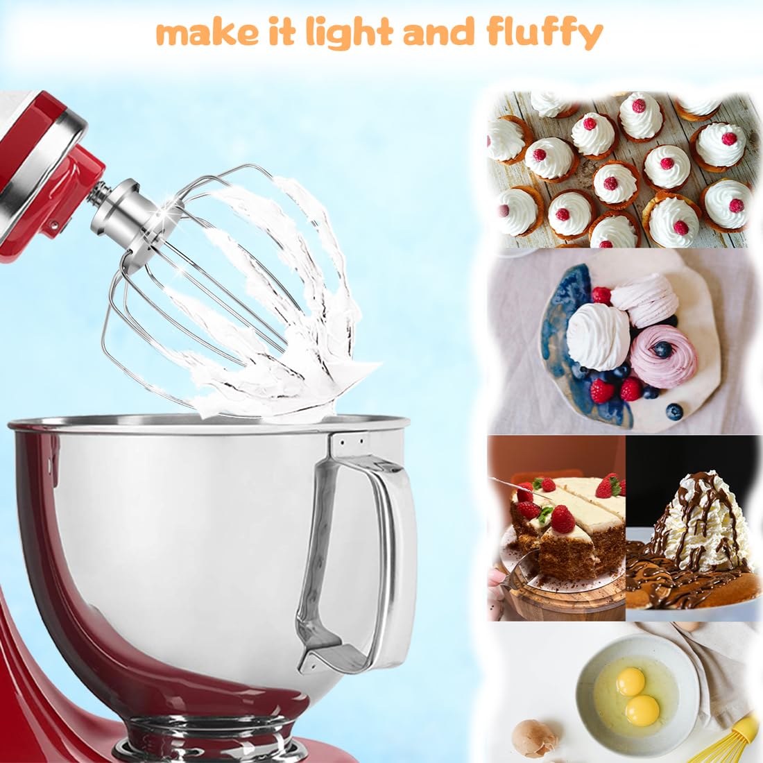 K45WW Wire Whip Stainless Steel Whisk Replacement Attachment for KitchenAid Tilt-Head Stand Mixer, for Egg Heavy Cream Cakes Mayonnaise, Dishwasher Safe