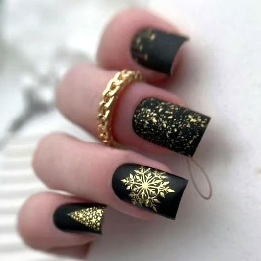 LWTZLW Christmas Press on Nails Snowflake Medium Square False Nails Gold Christmas Tree Full Cover Glue on Nail Broken Gold Design Acrylic Fake Nails Winter Artificial Matte Nail Reusable for Women