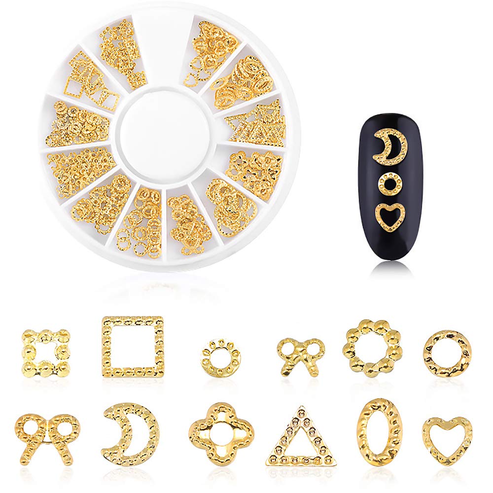 WOKOTO 6 Boxes 3D Hollow Gold Nail Decoration Shell Metal Nail Studs Nail Jewels Kit With 1Pc Tweezers And Picker Pencil