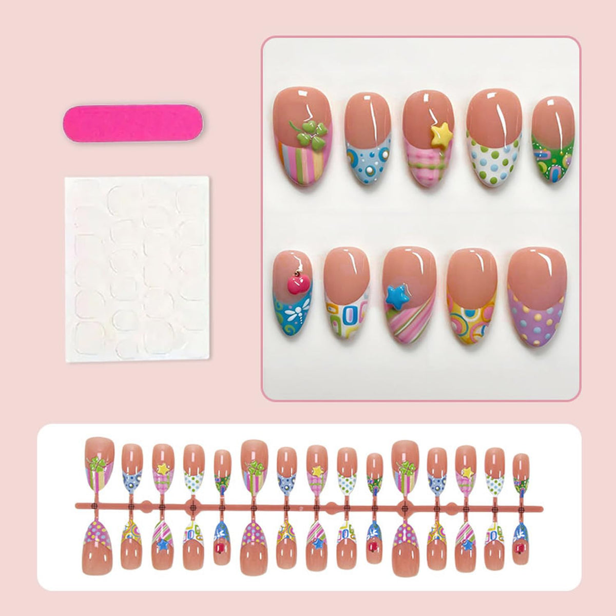 30Pcs Colorful Polka Dot Press on Nails Medium Almond French Fake Nails Color Stripes Design False Nails 3D Star & Apple & Clover Acrylic Nails Nude Glossy Full Cover Artificial Glue on Nail for Women