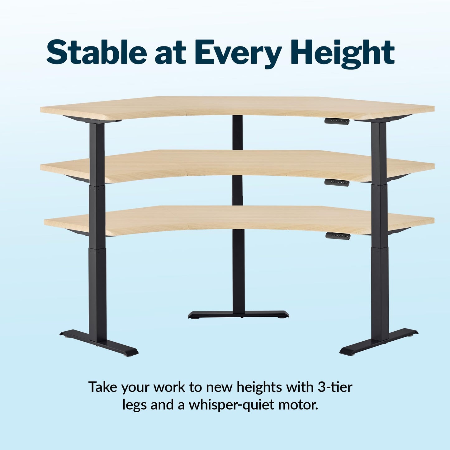 Vari Command Center Electric Standing Desk – 120° Curved Sit-Stand Gaming Desk Corner Workstation for Triple Monitors + Sloped Front Edge, 4 Height Settings, 200 lb Capacity (Light Wood/Black Legs)
