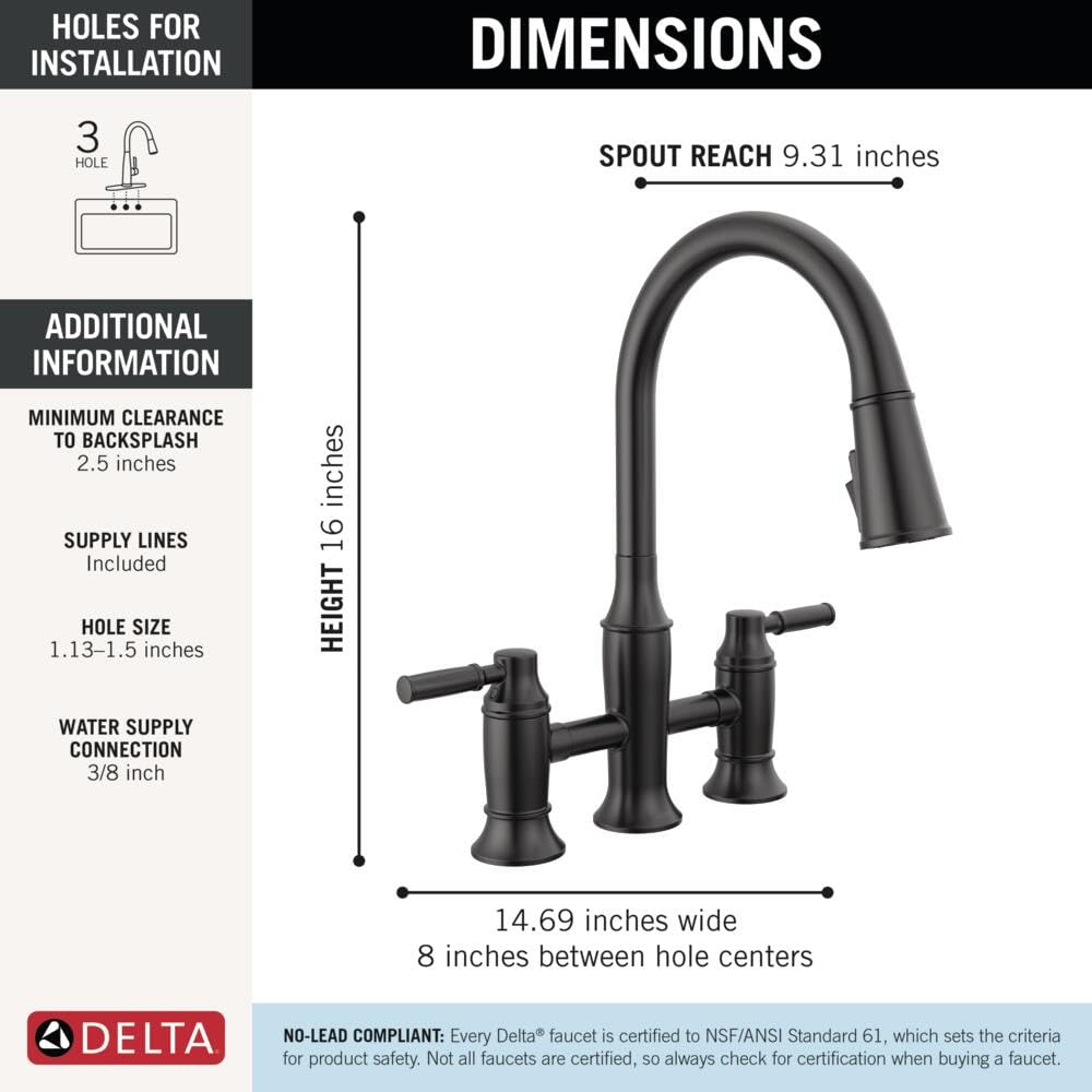 Delta Renaldi Matte Black Kitchen Faucet with Pull Down Sprayer, Bridge 3 Hole Modern Kitchen Sink Faucet, Two-Handle, Matte Black 2384L-BL-DST