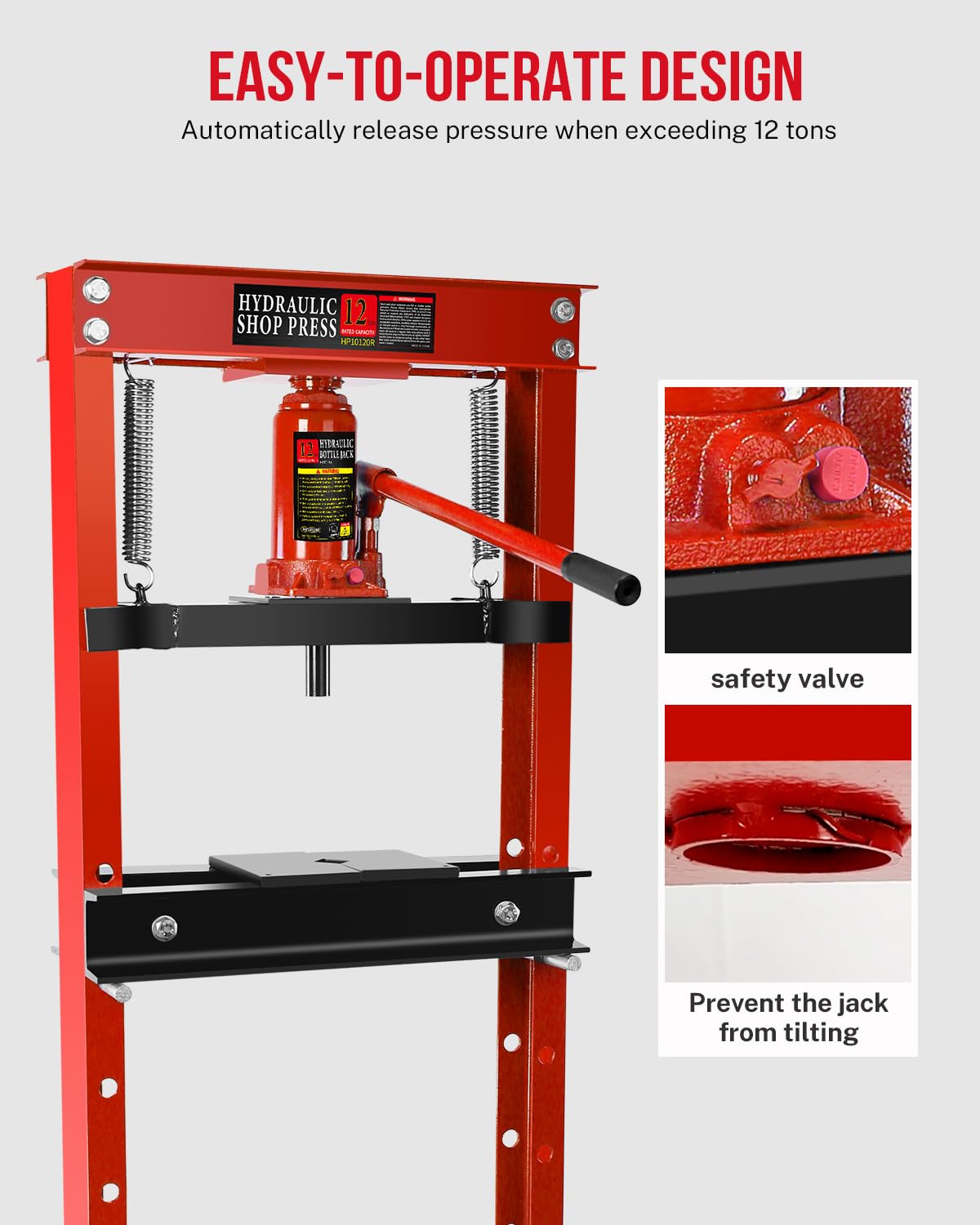 Hydraulic Press, 12 Ton H-Frame Garage Floor Adjustable Shop Press with Stamping Plates to Bend, Straighten, Or Press Parts, Install Bearings & U-Joints