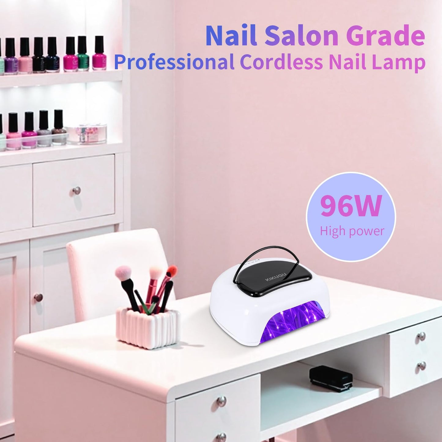 Kikugu Professional Rechargeable UV LED Nail Lamp,96W Cordless UV Light for Gel Nails with Metallic Reflector & Metal Base, Fast Curing Lamp Manicure,Pedicure,Ideal for Nail Salon and Home(White)