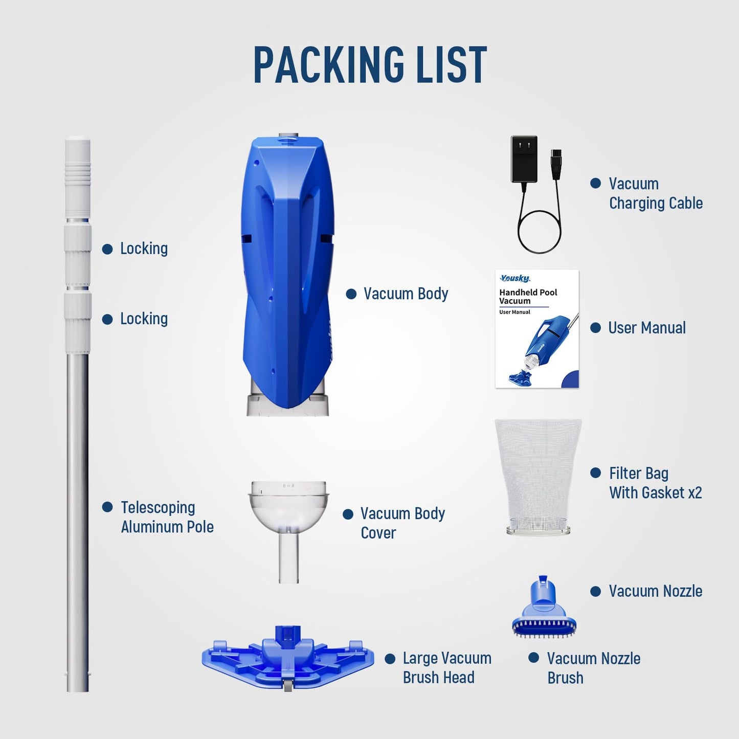 Pool Vacuum for Above Ground Pool 18.5GPM Suction- Upgraded Cordless Handheld Rechargeable Pool Cleaner w/Telescopic Pole(20-69in), 2 Brush Heads Ideal for Inground Pools Spas Hot Tubs