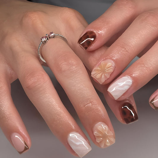 24Pcs Short Square Fake Nails 3D Flower Press on Nails Brown French Tip Stick on Nail Leopard Print Nails Press Ons Glossy False Nails Acrylic Stick on Nail for Women Decorations Set