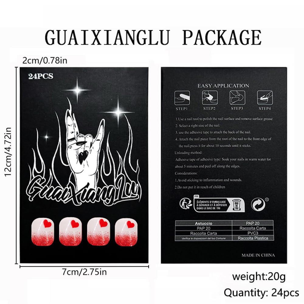 CEWEWP Valentine’s Day Press on Nails Short Square Fake Nails with Heart Designs Red Gradient Glitter Nails Press ons Glossy Glue on Nail Ombre Acrylic Nails Stick on Nail for Women 24Pcs