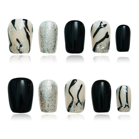 Tesytto Press on Nails Short Coffin, Handmade Black White 3D Glossy Acrylic Fake Nails Zebra Print with Silver Glitter Effects for Women Nails Art (Zebra Stripe,L)