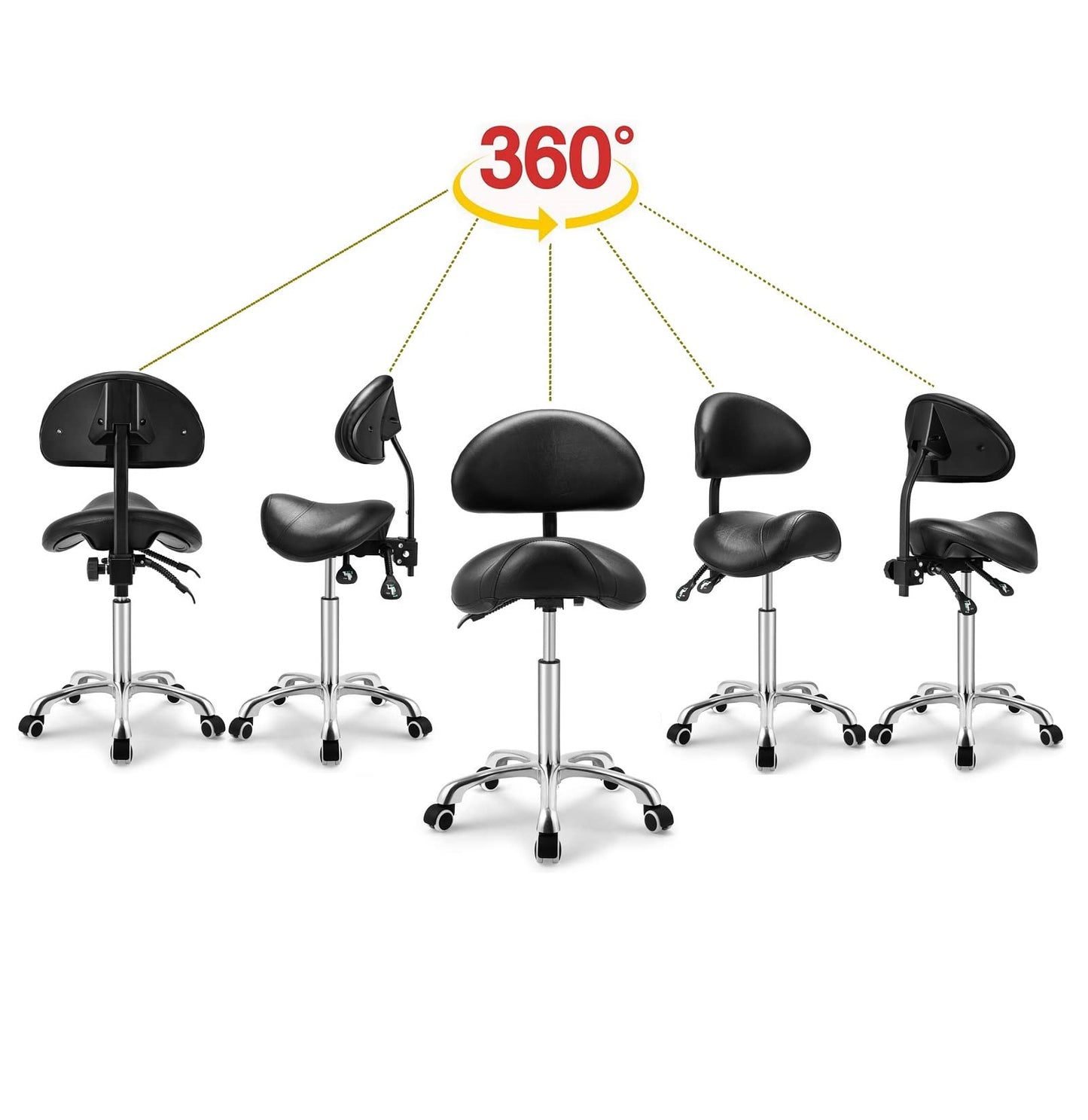 Kaleurrier Saddle Stool Rolling Swivel Height Adjustable with Wheels,Heavy Duty Anti-Fatigue Ergonomic Saddle Chair for Hair Beauty Salon Lab Dental Massage Office Home Kitchen(with Back, Black)