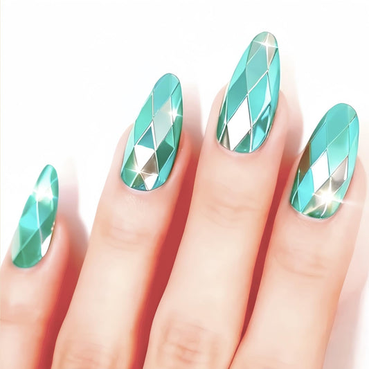 Mint Green Rhombus Electroplated Press on Nails Medium Almond Fake Nails Designs Mirrored Metal False Nails Light Green Full Chrome Grid Cover for Women Girls Daily Wearable Manicure Decoration 24Pcs
