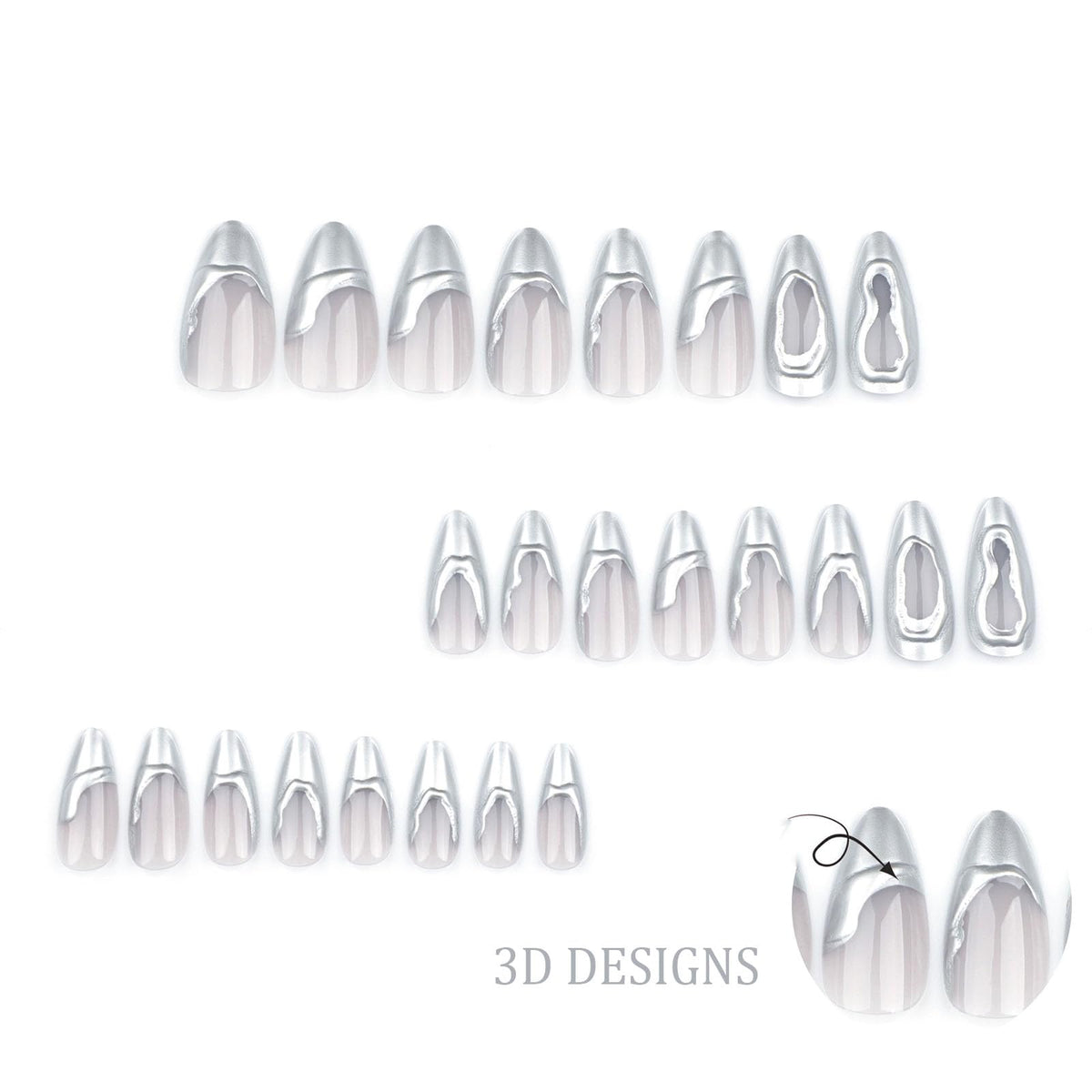 IMRAIN Silver Press on Nails Medium Almond Fake Nails 3D French Tips False Nails Full Cover Glossy Glue on Nails for Women Girl 24Pcs