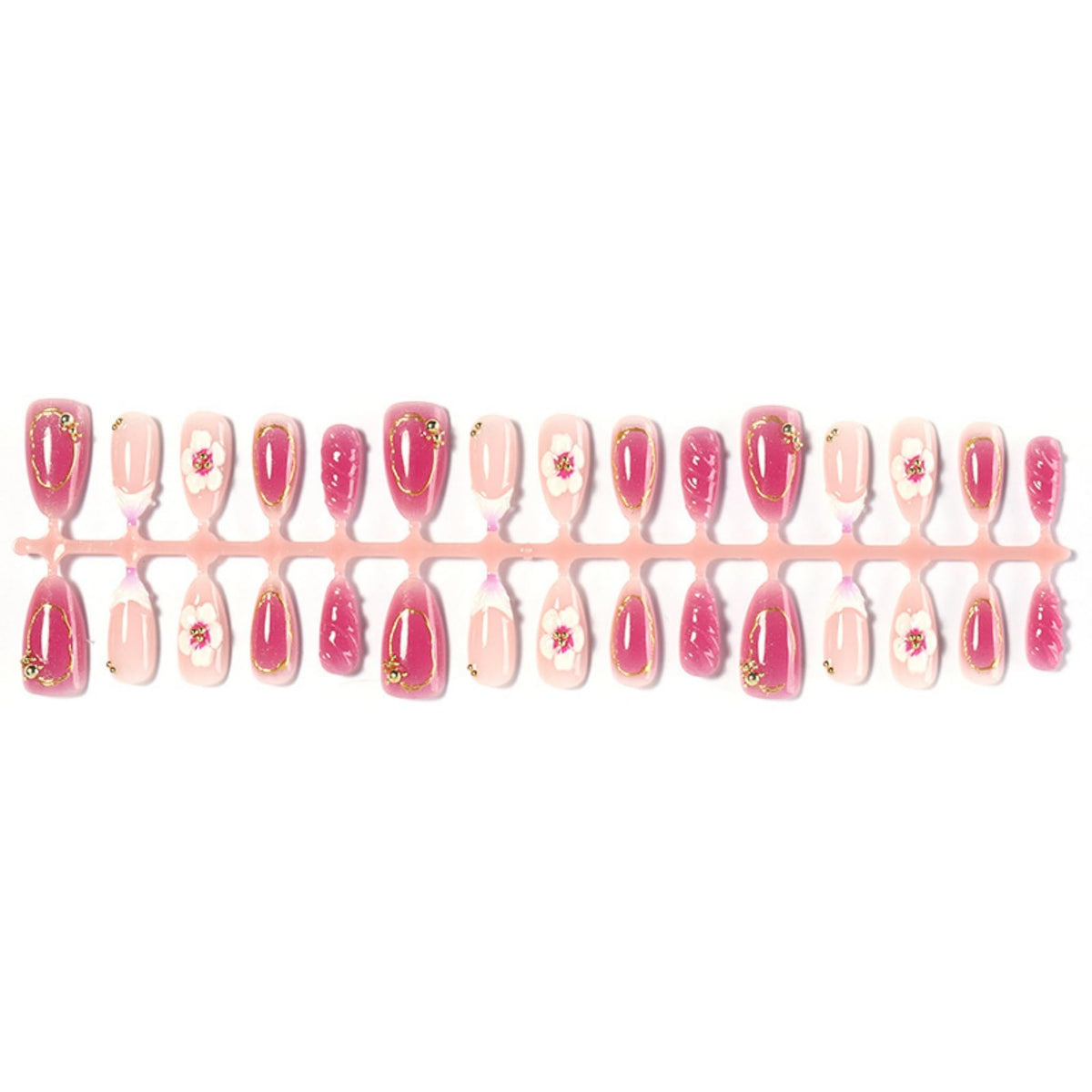 Almond Press on Nails Medium Fake Nails Pink Acrylic Nail Press ons SEENEEY Purple 3D Flowers Gold Charm Designs Cute Beach Stick on Nail for Women 30pcs