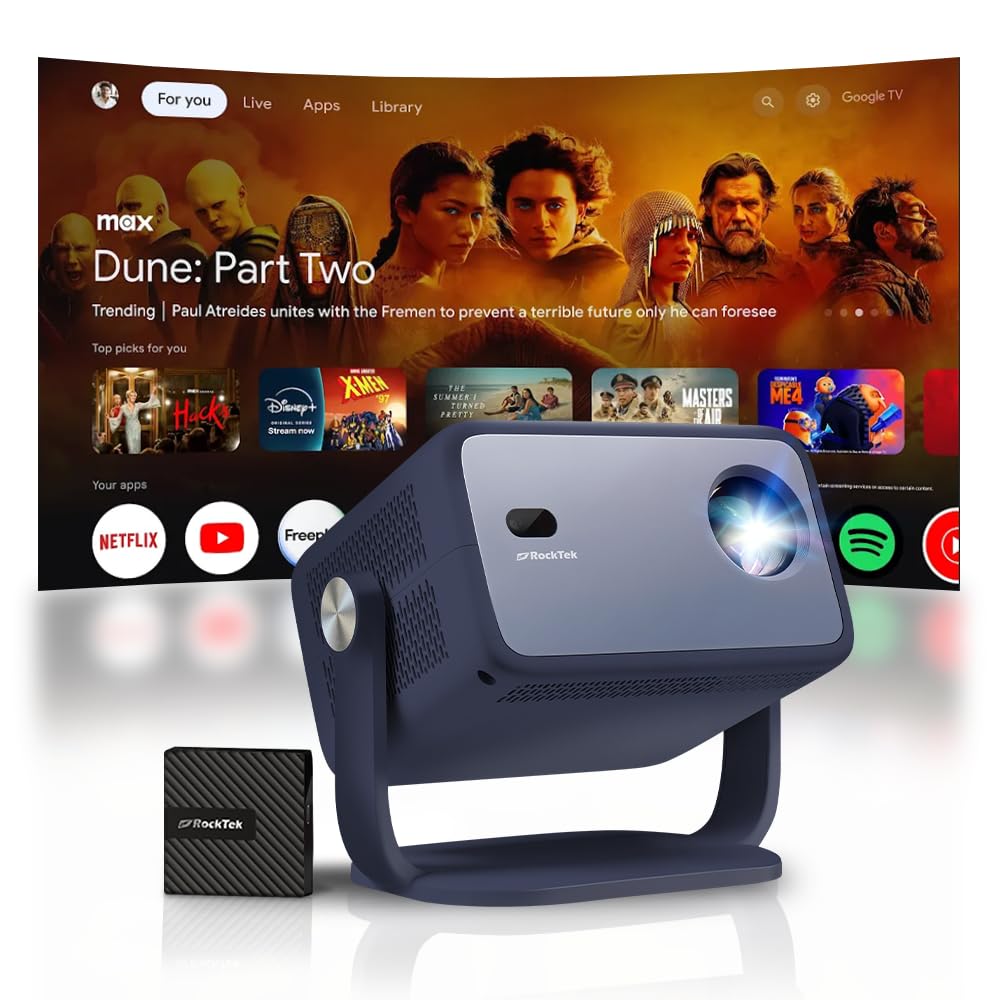 RockTek PJ400 Official Licensed Google TV Dongle Box Smart Projector 4K Supported, Native 1080P, Netflix Disney+, Mini Portable Home Theater Projector with WiFi 6 Bluetooth, Auto Focus/Keystone, HDMI