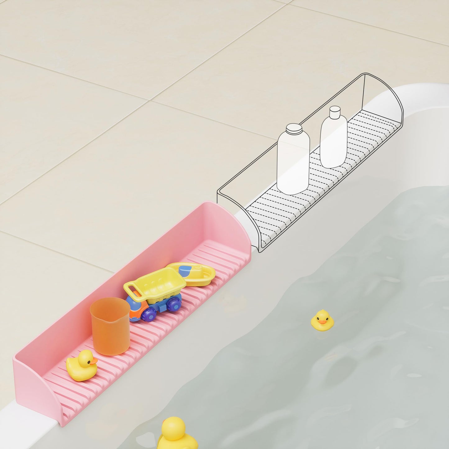 2Pack Bath Tub Splash Guard for Kids - Silicone Tub Water Splash Guard with 4 Suction Cups, Bath Toy Tray Holder, Tub Shelf for Kids, Bathroom Accessories for Children, Toddler & Baby Bath, Pink