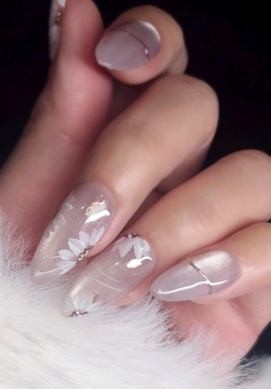 Handmade Press On Nails impress Fake Nails Medium Almond pruple white Ice flowers Hand Painting Crystal Manicure False press ons Nail Artificial (M size)