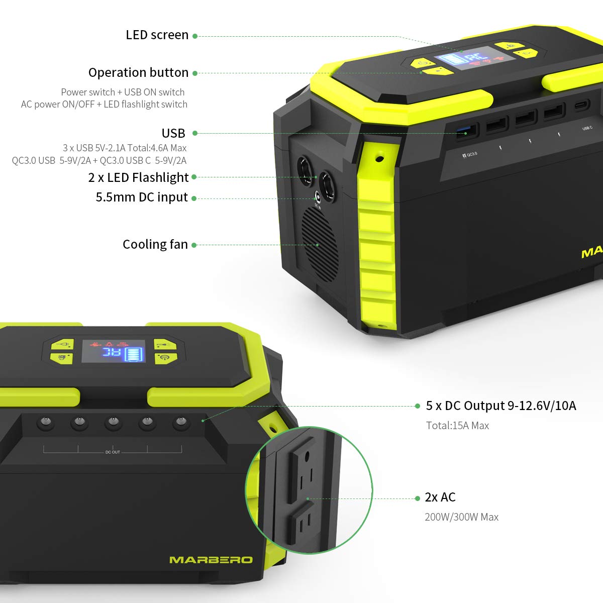 MARBERO 222Wh Portable Power Station 200W Solar Generator 60000mAh Power Bank with AC Outlet 110V 200W DC USB LED Flashlights Lithium Battery Power Supply for CPAP Camping Backup Emergency Home
