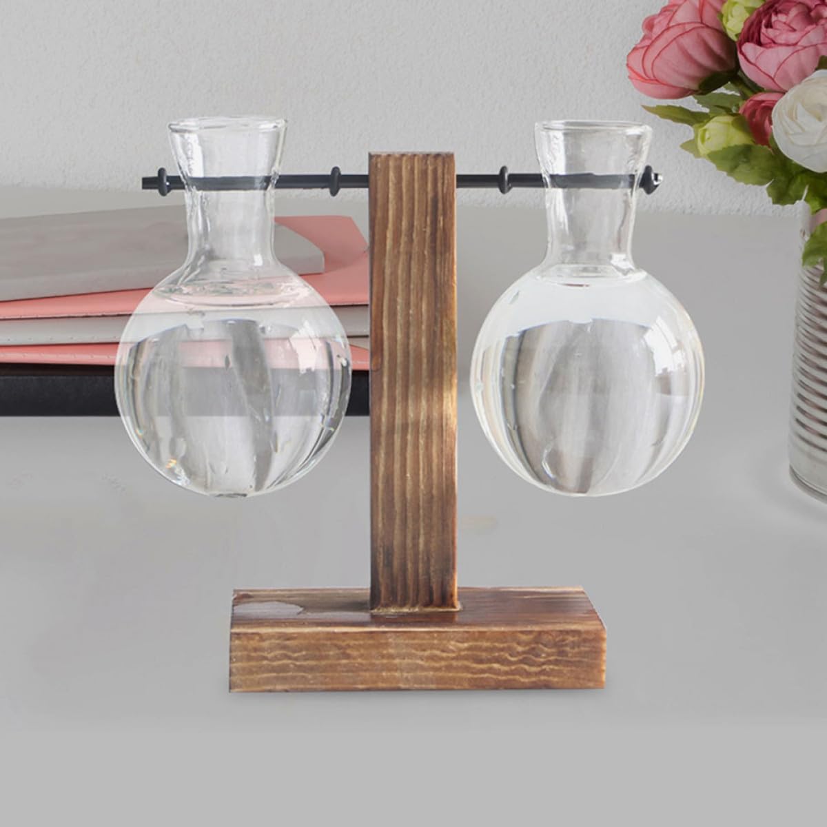 MINAOLULUS 3pcs High Borosilicate Glass Plant Pot with Wood Stand, Desktop Propagation Vase for Hydroponic Plants and Flowers, Glass Terrarium Planter for Home Décor