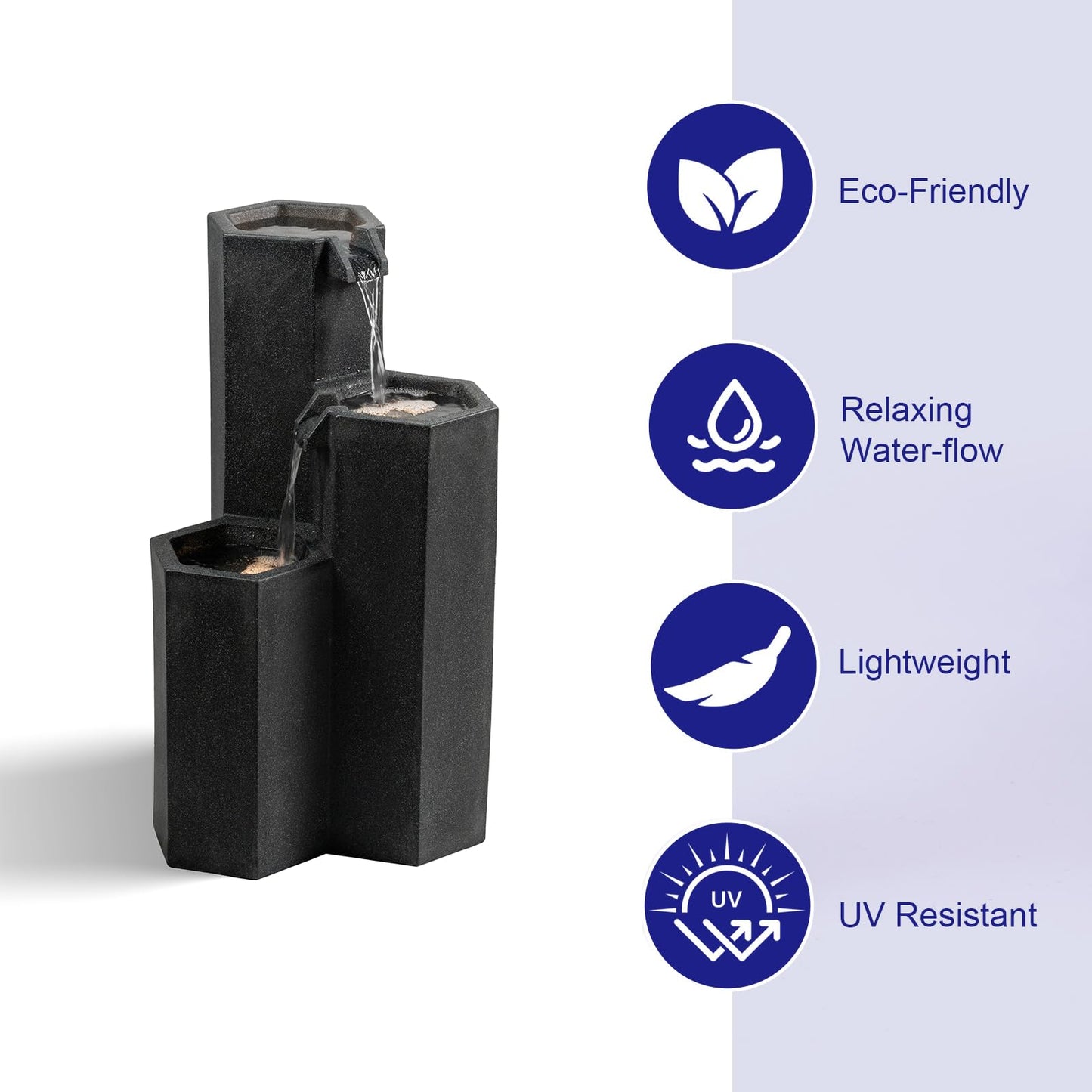 Puulye 27.95" H Outdoor Water Fountain Made with Eco-Friendly Recyclable Materials, Polyethylene Cascading Waterfall Fountain, Garden Waterfall Decor with LED Light & Pump for Patio, Backyard