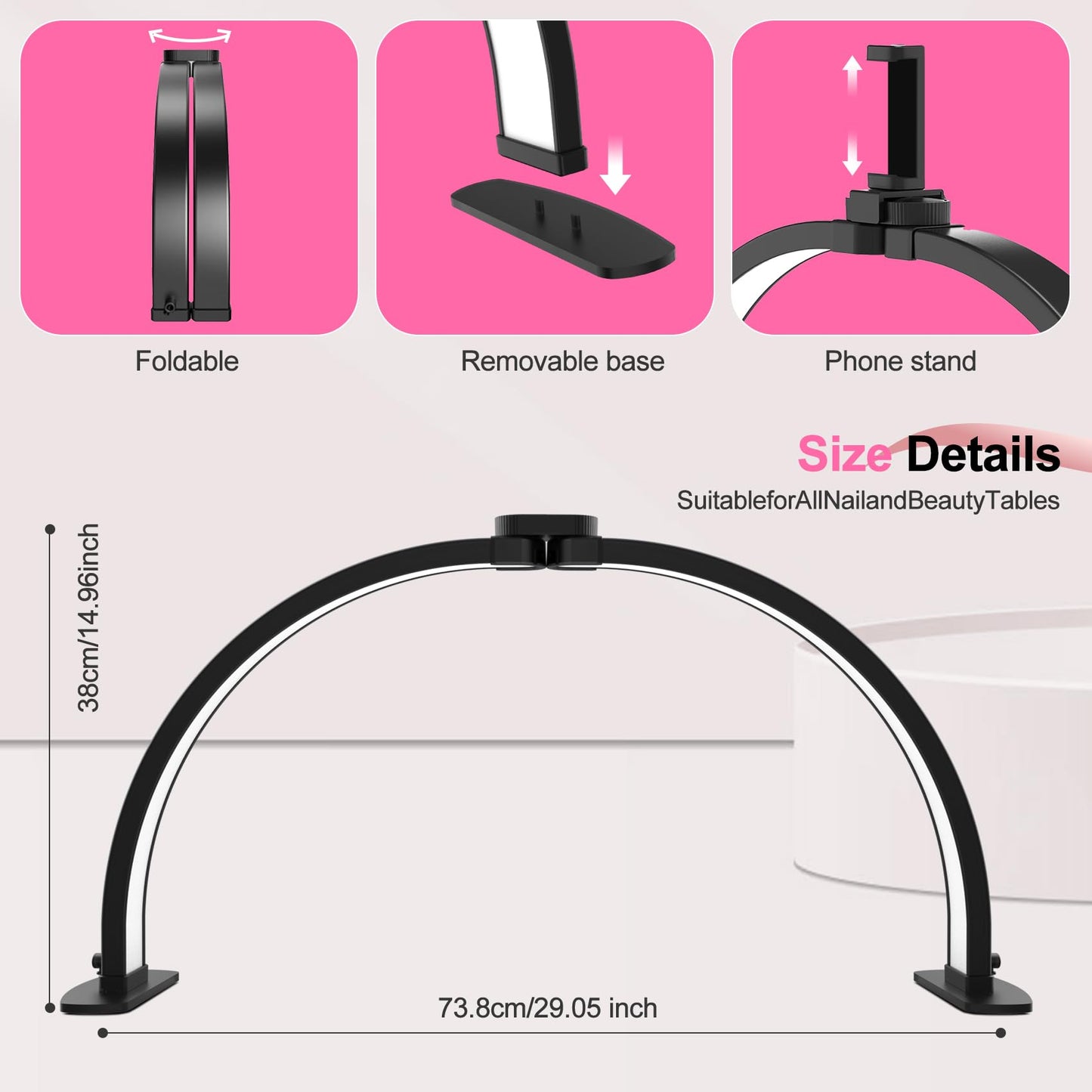 Half Moon Light for Nail Desk: 29in LED Arch Nail Tech Table Lamp with Phone Holder - Salon Professional Desk Light 3 Color Modes & 10 Brightness Lighting for Manicure Technician Use（Black,Large）
