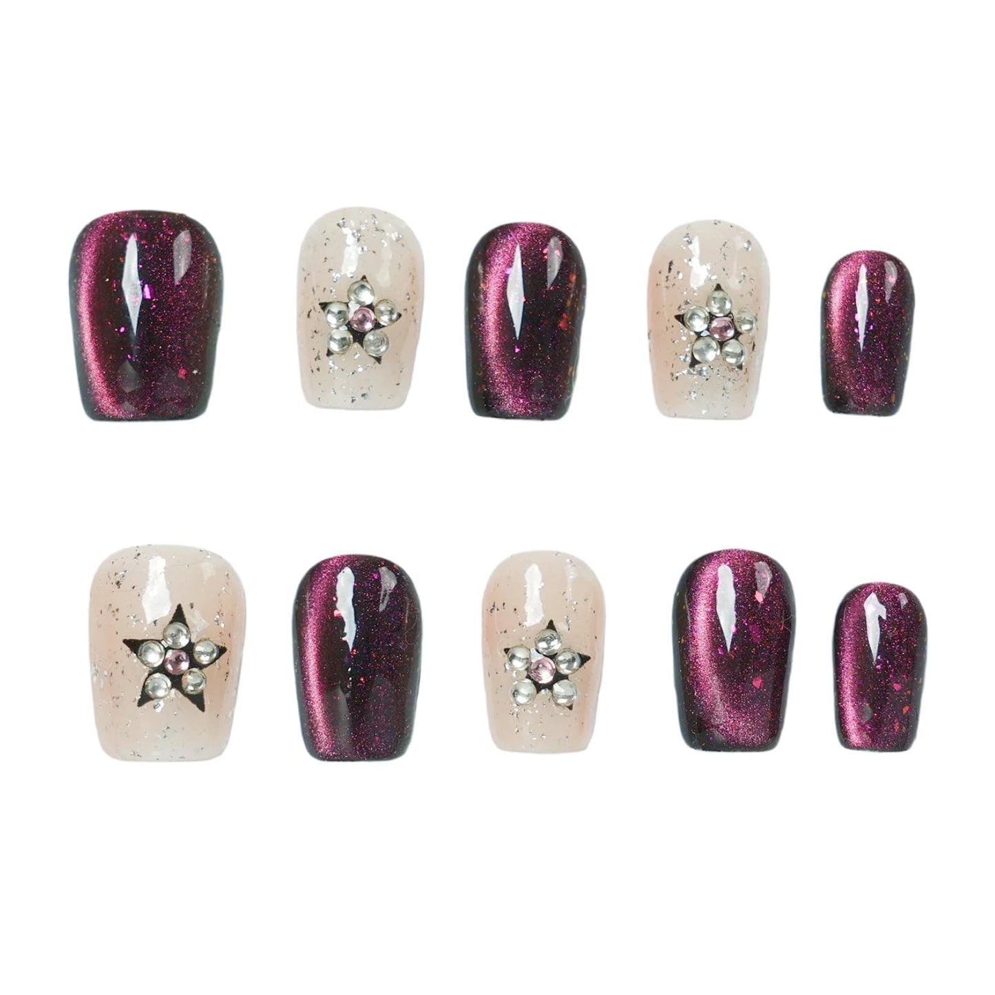 Tesytto Handmade Short Square Press On Nails, Purple Cat Eye Glitter False Nails with 3D Star Rhinestone, Reusable Fake Nails for Women, 10Pcs (Gemstone Starry Night, M)