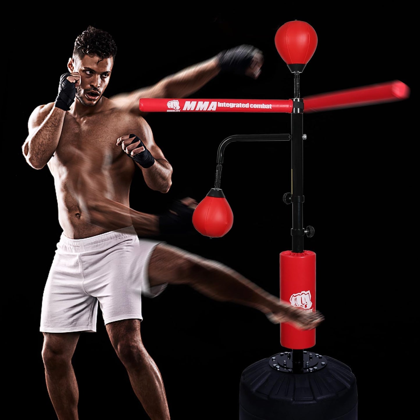 Pro Boxing Training Set - Adjustable 82-Inch Spinning Bar with Reflex Ball & Punching Bag for Adult(Red)