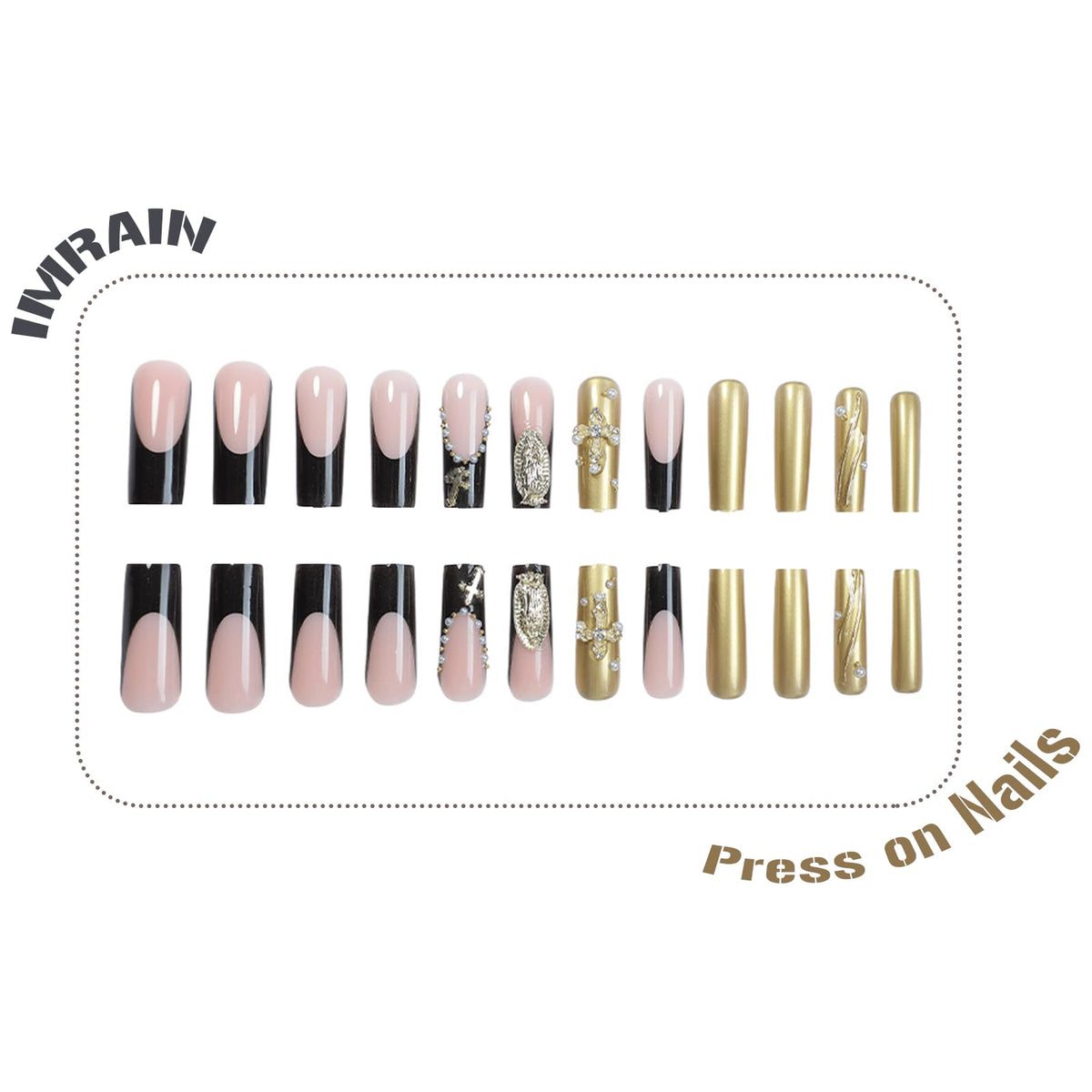IMRAIN Press on Nails Long Square Fake Nails Black French Tips False Nails with Gold Chrome, Golden Charms Designs Full Cover Luxury Glossy Acrylic Glue on Nails