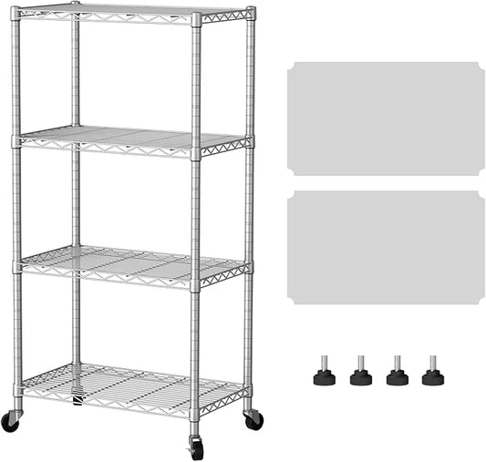 SINGAYE 4 Shelf Storage Wire Shelves Closet Bathroom Organizers Metal Pantry Kitchen Garage Shelving Unit Laundry Room Organization Home Narrow Rack Net Basket with Wheels Silver